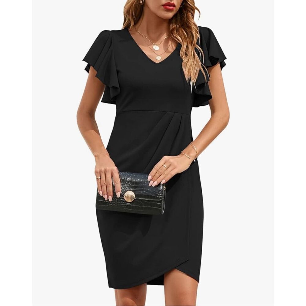NEW V Neck Ruffle Sleeve Bodycon Wrap Casual Dress S